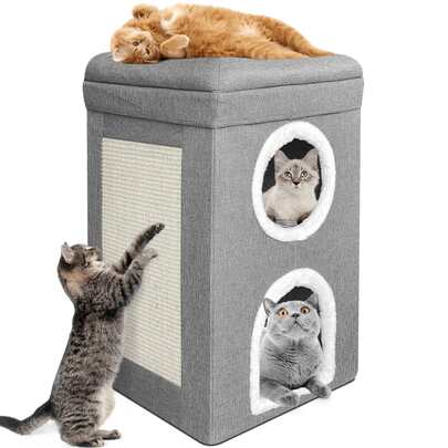 Large Cat House Cosy Bed Pet Cats Cave Condo Furry Soft Cushion Scratch Pad Grey