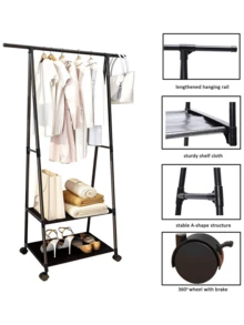 Perchero negro | Perchero multifuncional con dos estantes inferiores para guardar ropa, diseño de almacenamiento que ahorra espacio, ruedas para facilitar su desplazamiento, decoración moderna para el hogar, expositor de ropa (165 x 55 x 42 cm) - A - Ver 3