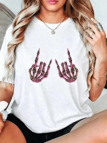 Two Skeletal Hands In Pink Tones Symbolize Strength, Courage, And A Touch Of Dark Humor, Making The Garment A Statement Of Confidence And Unique Style. This Comfortable, Casual Women's T-Shirt Is Ideal For Everyday Wear. - 白色 - 查看 8