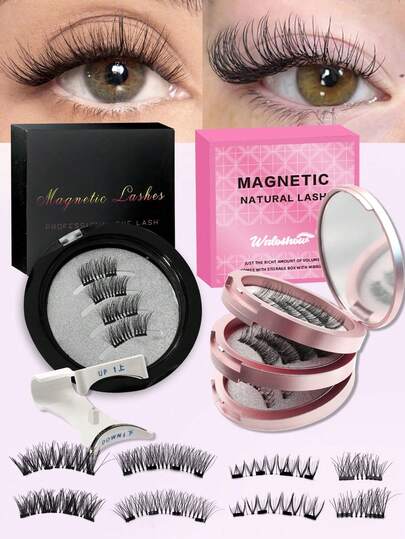 Waloshow 4 Pairs Magnetic Eyeliner And Magnetic Eyelashes Set, Mixed Styles, No Glue Needed, Natural-Looking Reusable Lashes, 7-12mm Faux Mink Lashes, Suitable For Daily Wear, Waterproof, Cartoon Style, Extended Winged Design, Volumizing And Lengthening, Perfect For Daily Use, Cartoon Style Lashes, Essential For 2025 Summer Travel, Beach Vacation, Camping