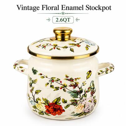 VAETTLO 2.6QT Vintage Floral Enameled Stockpot With Lid, Enamel On Steel Dutch Oven Style Soup Pot, Multi-Stove Compatible Casserole Dish For Cooking & Serving, Cottagecore Kitchen Decor