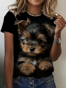Adorable Yorkshire Terrier Puppy With A Sweet Gaze That Conveys Love And Loyalty, Reflecting The Sincere Connection Between Humans And Pets. Comfortable And Modern Casual Women's T-Shirt For Everyday Wear. - 黑色 - 查看 1