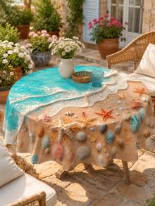 1 pieza Mantel de poliéster con estampado de playa oceánica, ola turquesa, estrella de mar, concha, patrón de coral, opcional redondo/rectangular, borde ondulado, resistente a las arrugas, impermeable, adecuado para cocina, comedor, jardín exterior, patio, fiesta de vacaciones y decoración del hogar de verano - Celeste - Ver 2