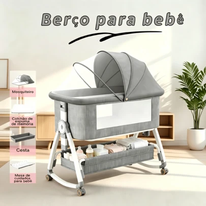 Berço Portátil Co-bed Com Balanço Mosquiteiro e Cesto Regulagem de Altura Cinza Rosa