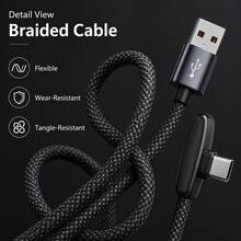 100W 6A USB To Type C Fast Charging Data Cable 90° Elbow Braided USB Cable Android Phone For SamsungS25 S24 HuaweiP50 Xiaomi15 K50 High-Speed Data Transfer Charge USB Cord - Black - View 5