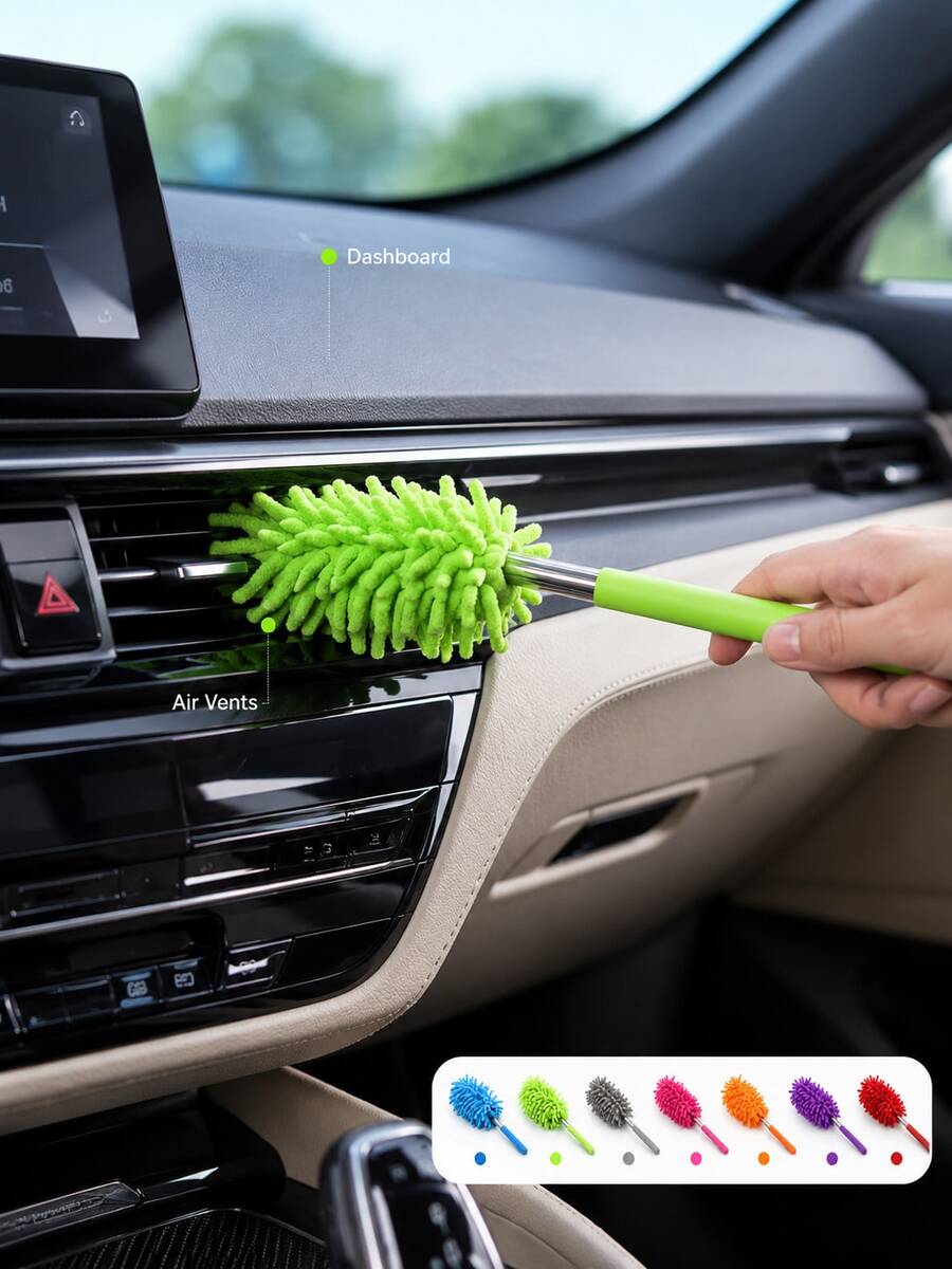 1 pieza Plumero telescópico para coche, cepillo de microfibra de chenilla extensible, herramienta de limpieza suave sin arañazos y lavable para tablero, rejilla de ventilación, volante, ventilador de techo, persianas, muebles, suministros de limpieza para el hogar y el coche, accesorios para el coche