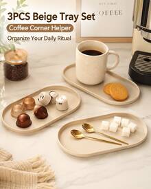 3pcs Beige 24cm Serving Tray Set, Smooth Raised Edge Decorative Trays For Home, Coffee Table & Daily Use - 3pcs - View 4