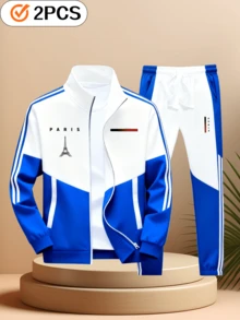 The All-Occasion Parisian Casual Sportswear Set - Casual Sport Jackets And Sport Pants, With Geometric Pattern Designs, For Fitness And Running. - Blue - View 2
