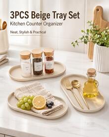 3pcs Beige 24cm Serving Tray Set, Smooth Raised Edge Decorative Trays For Home, Coffee Table & Daily Use - 3pcs - View 2