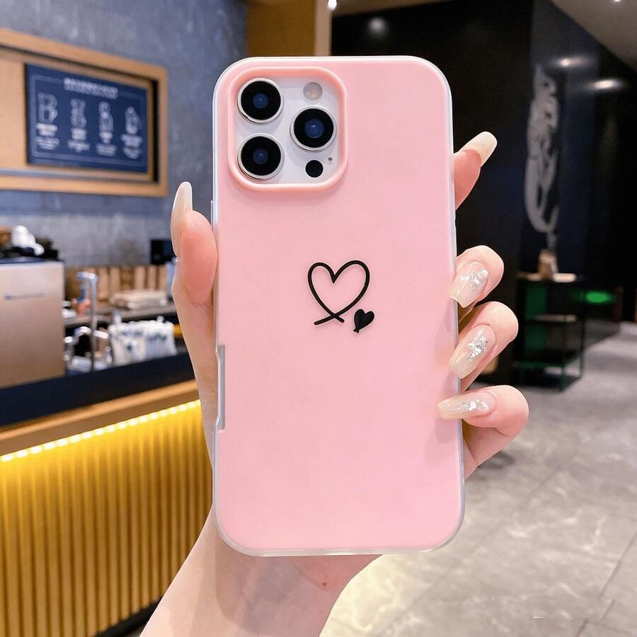 1pc "Dopamine" Series Phone Case - 2-In-1 Hard Shell, Solid Color Silicone Material, Compatible With Samsung And Apple Series Phones. Compatible Models Include: Apple 11/12/13/14/15/16 Pro Max. Cute Style Design. - Pink - View 1