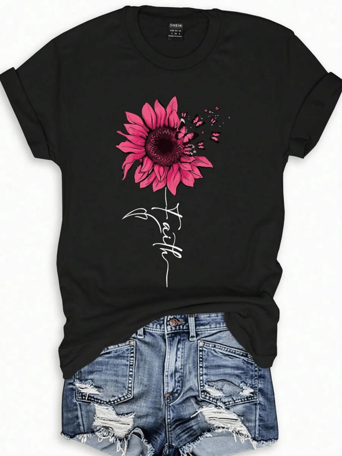 Vibrant Pink Flower Symbolizing Inner Strength And Hope That Blooms Even In Difficult Times, With Scattered Petals Representing Resilience. Comfortable, Modern Casual Women's T-Shirt For Everyday Wear. - 黑色 - 查看 1