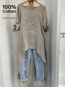 Women's Solid Color Casual Loose Asymmetrical Hem Round Neck Short Sleeve Top, Spring/Summer - Grey - View 1