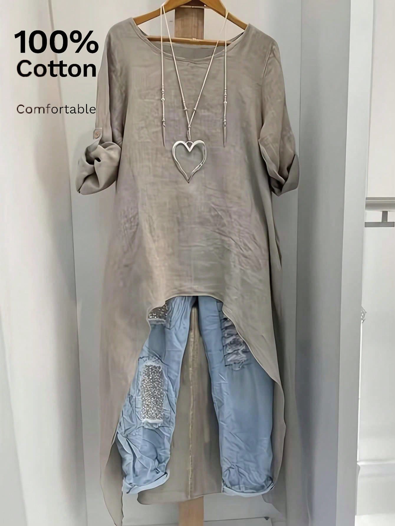 Women's Solid Color Casual Loose Asymmetrical Hem Round Neck Short Sleeve Top, Spring/Summer - Grey - View 1