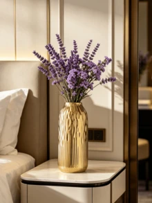 1 pieza Jarrón de cerámica dorado con diseño de textura premium, adecuado para flores secas o frescas como accesorios de decoración del hogar - Jarrón cilíndrico a rayas verticales - Ver 9