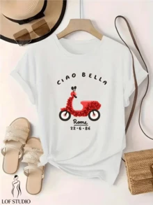 A Red Motorcycle Decorated With Flowers Symbolizes Joy, Freedom, And A Romantic Journey Through Italian Streets, Evoking Warm Memories And Positive Energy. A Comfortable, Modern, Casual Women's T-Shirt. - 白色 - 查看 1