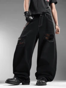 Men's Y2K Vintage Streetwear Jeans, Loose Wide Leg, Ripped Design, Back Pocket Embroidery, Fashion & Comfortable (Belt And Accessories Not Included) - Black - View 3