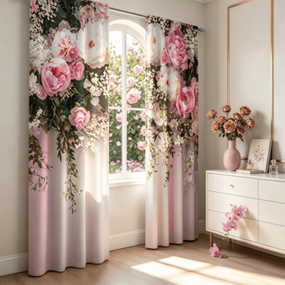 2pcs Floral Print Curtain Set, 2D Flat Print, Good Light Permeability, Easy Care Privacy Curtain Set With Curtain Rod, Suitable For Bedroom, Living Room, Dorm, Office, Valentine's Day Gift, Home Decor, Wedding Curtain