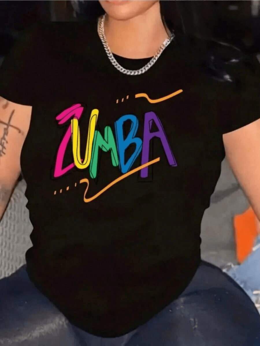 Colorful Lettering Represents Vital Energy And The Joy Of Movement, Conveying A Dynamic Spirit And Positive Attitude In Every Step. A Modern, Casual Women's T-Shirt For Dancing Or Everyday Wear. - Black - View 1