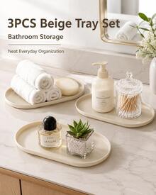 3pcs Beige 24cm Serving Tray Set, Smooth Raised Edge Decorative Trays For Home, Coffee Table & Daily Use - 3pcs - View 3