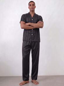 Snug League 2pcs Men's Satin Striped V-Neck Short Sleeve Top And Pants Pajama Set, Suitable For All Seasons - Black - View 1
