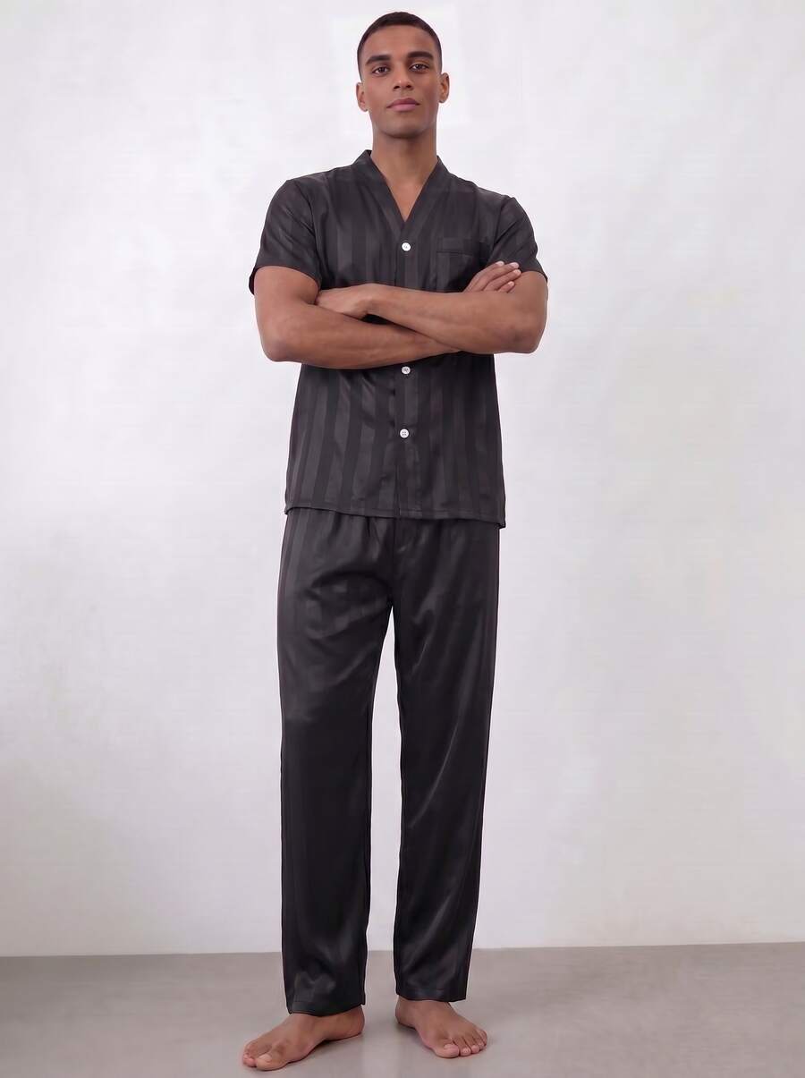 Snug League 2pcs Men's Satin Striped V-Neck Short Sleeve Top And Pants Pajama Set, Suitable For All Seasons - Black - View 1
