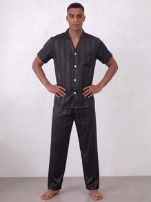 Snug League 2pcs Men's Satin Striped V-Neck Short Sleeve Top And Pants Pajama Set, Suitable For All Seasons - Black - View 7