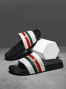3-Color Striped Skull Decor Lightweight Slippers, Non-Slip Outdoor Beach Sandals, Casual Sports Slides - White - View 8
