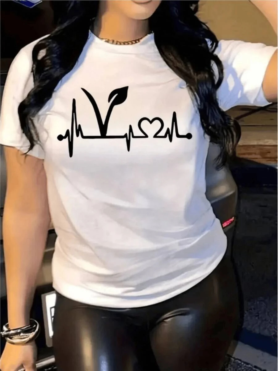 A Green Leaf Joined To A Pulse Line And A Heart Symbolizing Vital Energy, Love For Nature, And Connection With Life. A Modern And Comfortable Casual Women's T-Shirt For Everyday Wear. - 白色 - 查看 1