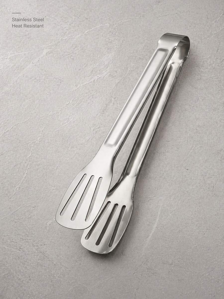 2pcs Extra Long Stainless Steel BBQ Tongs, Thickened Food Serving Tongs With Easy-Grip Handles For Grilling, Buffet, Bread, Salad, Fruit, Cooking And Home Kitchen Use - 9-inch Three-line Clip - View 1