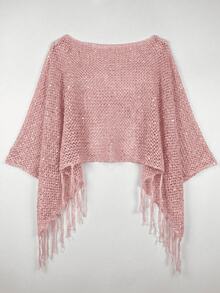 Suéter de punto rosa para mujer, primavera/verano, para vacaciones en la playa e isla, cuello amplio, multiusos, calado, con borlas, bajo asimétrico, holgado, para banquete, calle, versátil, casual, con protección solar, tipo cover-up - Rosa - Ver 9