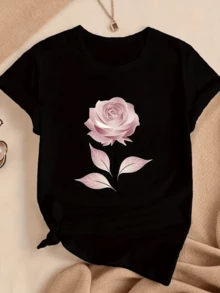 Soft Rose Symbolizing Love, Serenity, And Feminine Strength, With Petals In Pink Tones That Evoke Elegance And Calm. Comfortable And Modern Women's T-Shirt For Everyday Wear. - 黑色 - 查看 1