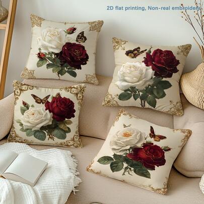 4pcs Vintage European Style Rose Flower & Butterfly Print Pillow Covers [No Pillow Insert], 17.7*17.7in(45*45cm)/19.69*19.69in(50*50cm)/15.75*15.75in(40*40cm), [Single-Sided Printing], Made Of Polyester, Vintage Floral Throw Pillow Cases For Sofa, Living Room, Bedroom, Car, Office, Hotel, Airbnb, Perfect Gift For Family And Friends