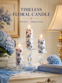 1pc Blue And White Porcelain Style Floral Applique Pillar Candle, Chinese Style Decorative Candle, Suitable For Home Decor, Room Decor, Bedroom Decor, Tabletop Centerpiece Decor, Coffee Table Decor, Birthday Gift, Housewarming Gift, Gift For Her, Women's Gift - Multiple Specifications - View 1