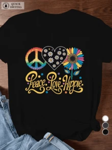 Símbolos coloridos que representan paz amor y energía libre con un signo de paz multicolor un corazón decorado con peque?as flores blancas y un girasol radiante que transmite armonía y alegría camiseta de mujer casual moderna cómoda para diario - Negro - Ver 8