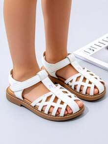 1 Pair Toddler Girls' Retro School Style Sandals, Beige Open-Toe Flat Beach Shoes With Sequin Hollow-Out Adjustable Design, Soft Non-Slip Sole, Suitable For Daily Wear, Party, Wedding, Vacation - Beige - View 5
