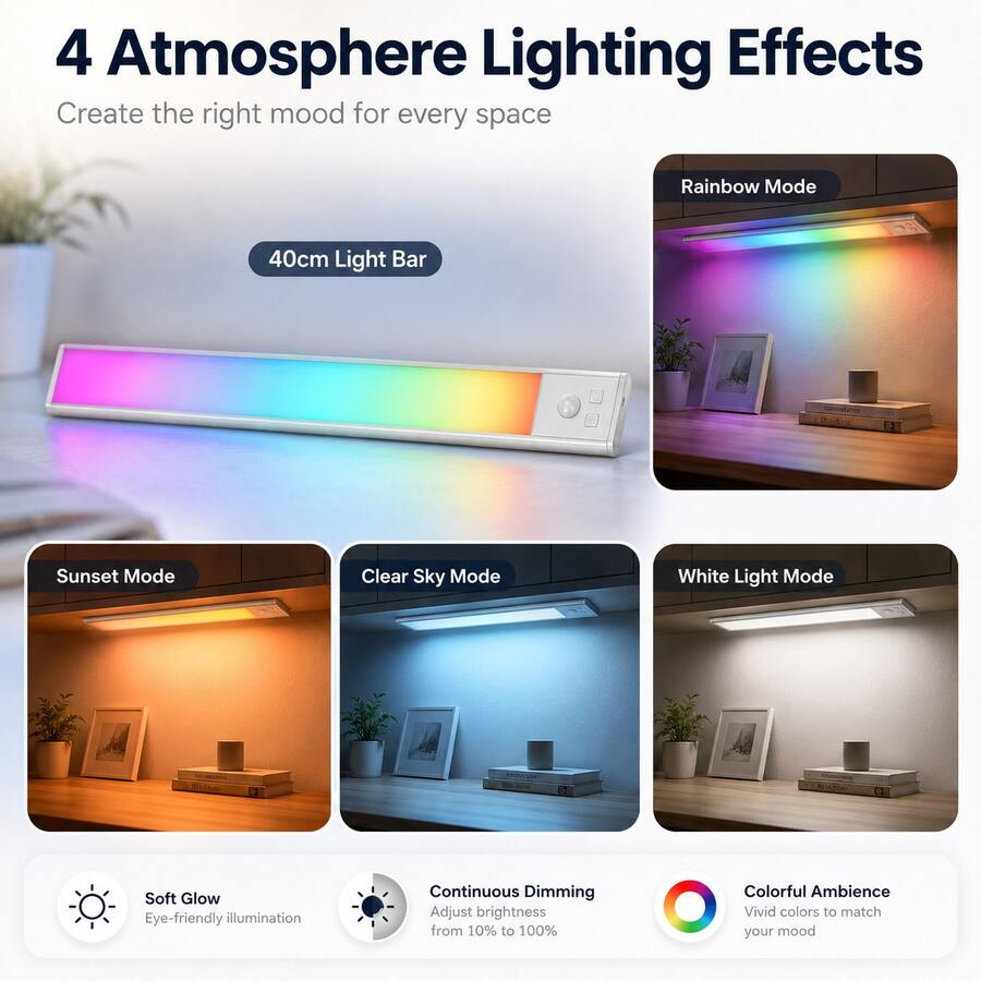 Luz LED inalámbrica RGB para debajo del gabinete, barra delgada recargable y regulable de 40 cm, con carcasa de aluminio y cabezal desmontable para armario, escaleras y pasillos - Luz de gabinete colorida RGB de 40 cm - Ver 1