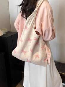 1件蝴蝶結圖案條紋拼接編織托特包，大容量時尚海灘包，多功能通勤包，大容量針織馬鞍包，可愛蝴蝶結裝飾托特包，女款休閒編織手提包，單肩包，Y2K禮物，休閒度假海灘包 - 粉色 - 查看 8