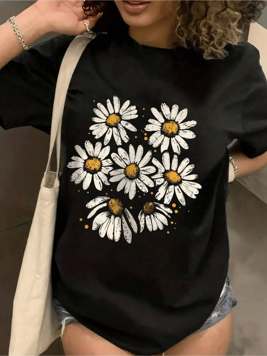 White Daisy Flowers Representing Purity, Optimism, And Freedom, With Open Petals Radiating Joy And Positive Energy. A Modern And Comfortable Casual Women's T-Shirt For Everyday Wear. - 黑色 - 查看 1