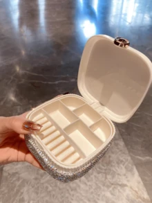 1pc Luxury Sparkling Rhinestone Jewelry Box, Makeup Lipstick Storage Box For Necklace Earrings Rings, Portable Travel Jewelry Case With Mirror, Elegant Gift For Girls And Women - Silver - View 3