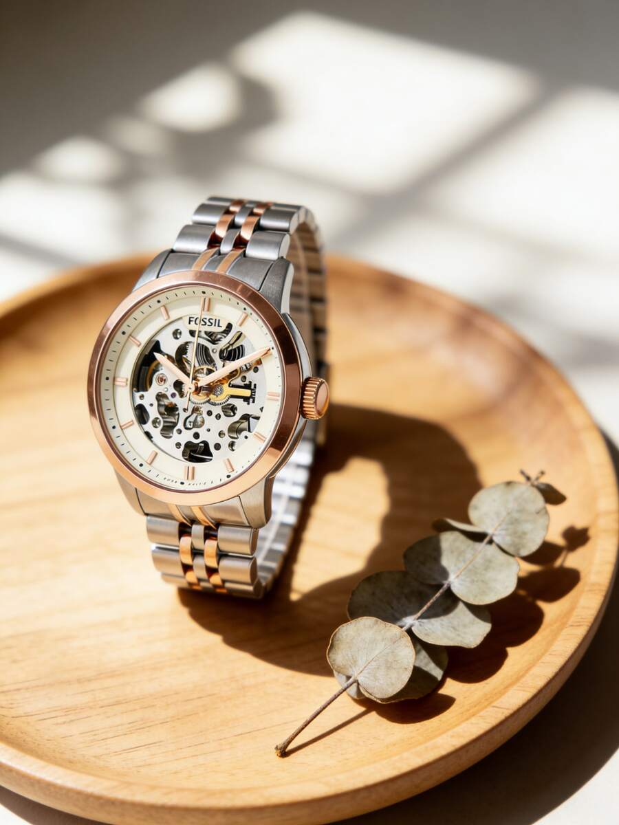 FOSSIL 男士豪华自动机械腕表，5ATM 防水，双色银色玫瑰金不锈钢表带 ME3075 - 銀色 - 查看 1