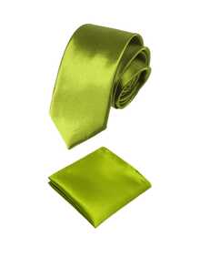 1 Set de corbata y pañuelo de bolsillo de unicolor, corbata hecha a mano de 8 cm y set de pañuelo, adecuado para bodas, banquetes, fiestas - Verde Lima - Ver 2
