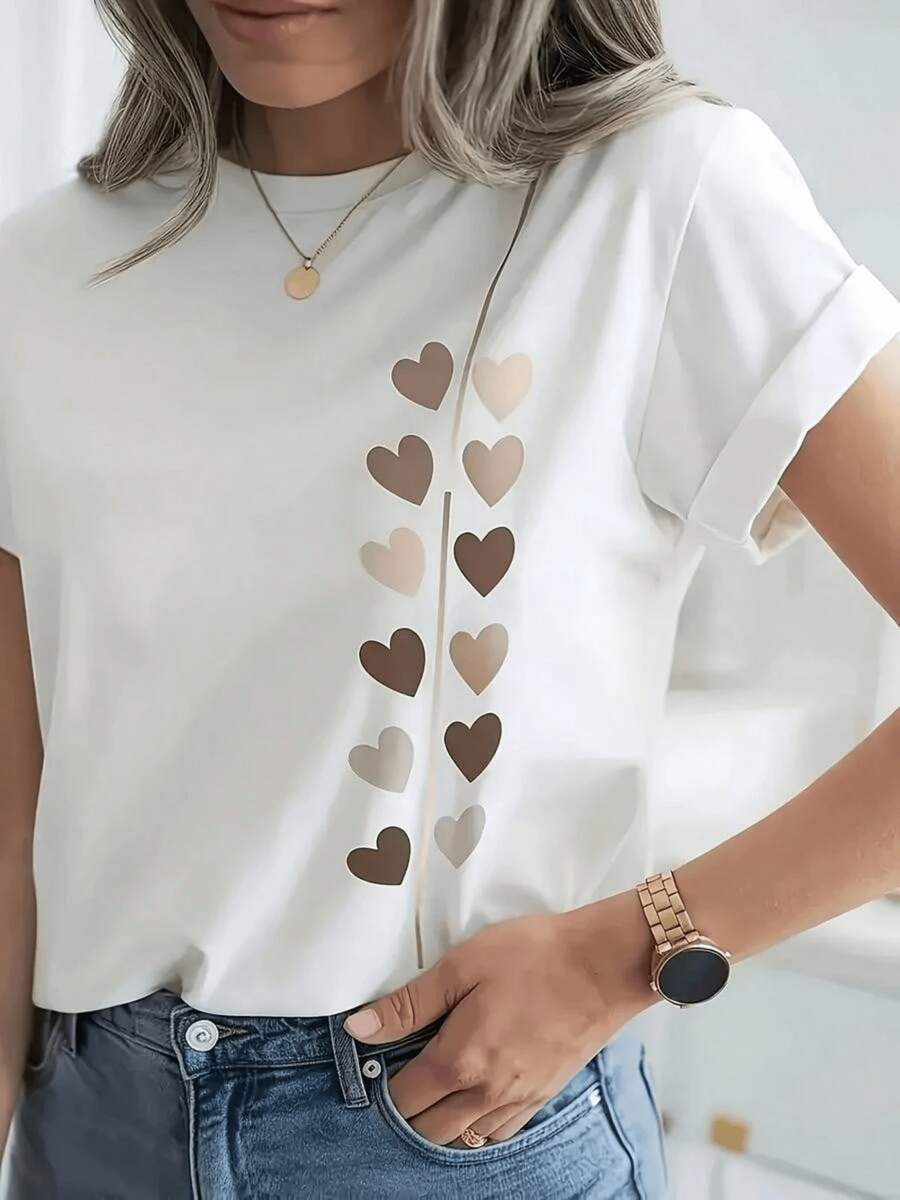 Rows Of Hearts In Soft Tones Symbolize Emotional Connection And Inner Harmony With A Modern Touch To Express Sensitivity And Elegance. Casual White Women's T-Shirt With Romantic And Comfortable Artistic Print For Everyday Wear - 白色 - 查看 1