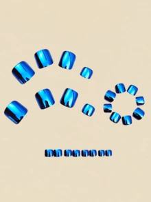 24 piezas Uñas postizas cortas estilo Y2K con acabado galvanizado azul, puntas de manicura desechables - Azul - Ver 3