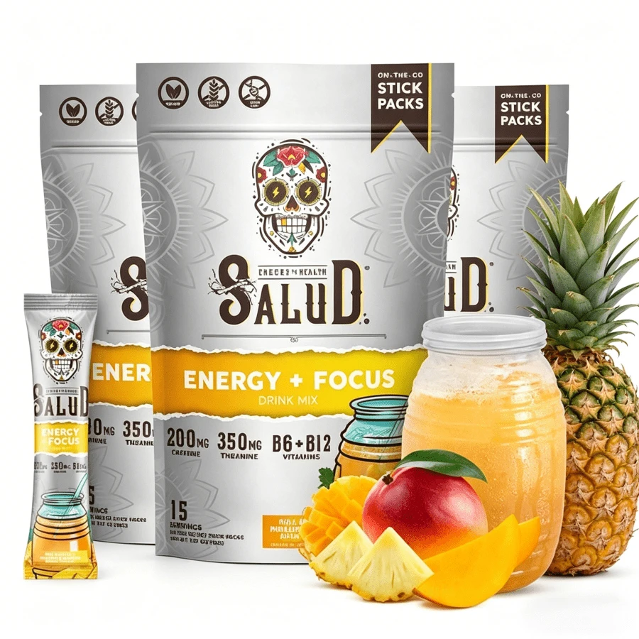 Salud 2-In-1 Energy Drink Powder + Focus, Pineapple Mango, Organic Caffeine, B6 + B12, Theanine, Clean Energy Drink Packets, Agua Fresca Mix, Non-GMO, Gluten Free, Vegan, 1g Of Sugar, (15 Servings) - Pineapple Mango 3 - 查看 1