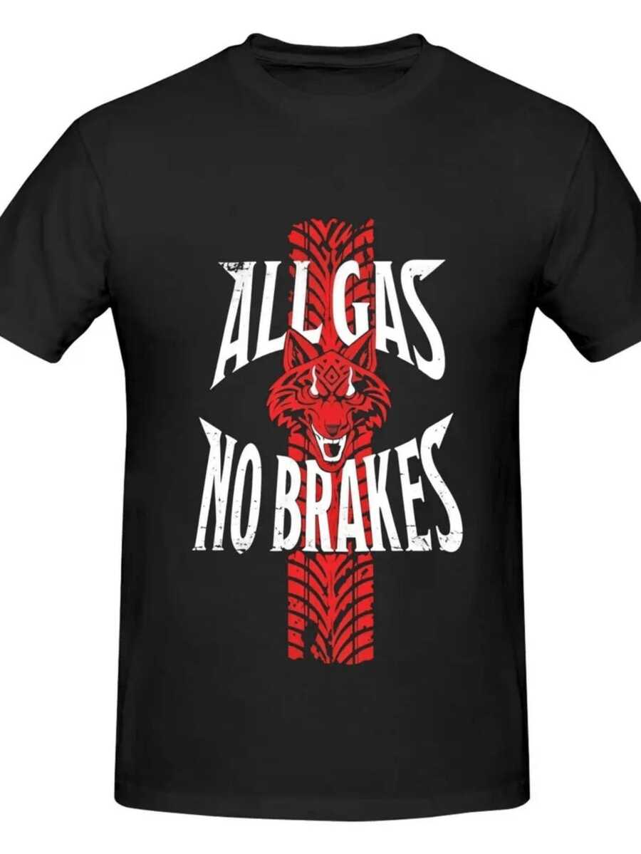 [Graphic T-Shirt] Black Short Sleeve T-Shirt - Bold 'FULL THROTTLE, NO BRAKES' Graphic Design Featuring A Fierce Red Wolf Illustration And Vertical Tire Tread Pattern, Rugged And Distressed Font, Perfect For Car Culture And Motorsports. A Short Sleeve T-Shirt Suitable For Home, Everyday Wear, Parties, And Travel-Ideal As A Gift For Friends Or Family. - 黑色 - 查看 1