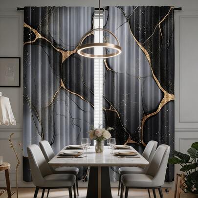 2PCS Black Gray Marble Art Printed Curtains, Lightweight Polyester Fiber Rod Bag Design Suitable For Living Room, Bedroom, Office Decoration, Perfect Combination Of Festival And Art Home Style, Suitable For All Seasons, Protecting Privacy, Modern Fashion Style, Decorative Curtains