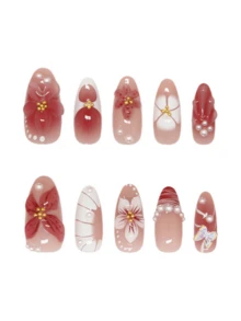 10pcs French Ombre 3D Floral Decor Water Wave Diamond Design Y2K Fresh Style Glossy Full Cover False Nails, Suitable For Spring, Almond Shape Acrylic Nail Stickers - Multicolor - View 5