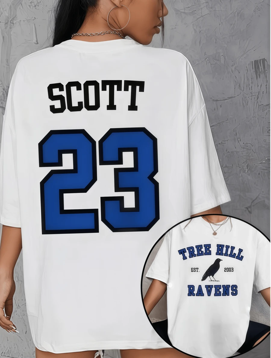 One Tree Hill Inspired Summer T-Shirt For Nathan Scott 23 Fans - Double-Sided Print With Tree Hill Ravens Logo And Jersey Number, Gift Idea For Basketball Series Fans - White - View 1