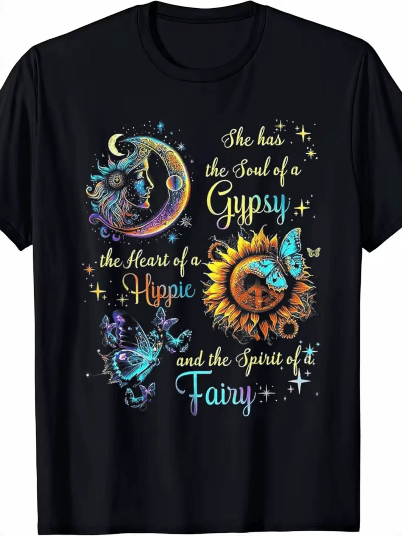 Magical Moon With A Woman's Face Surrounded By Stars, A Bright Sunflower With A Peace Symbol, Multicolored Butterflies, And Spiritual Energy. Bohemian Women's T-Shirt With Relaxed Celestial Art. - 黑色 - 查看 1