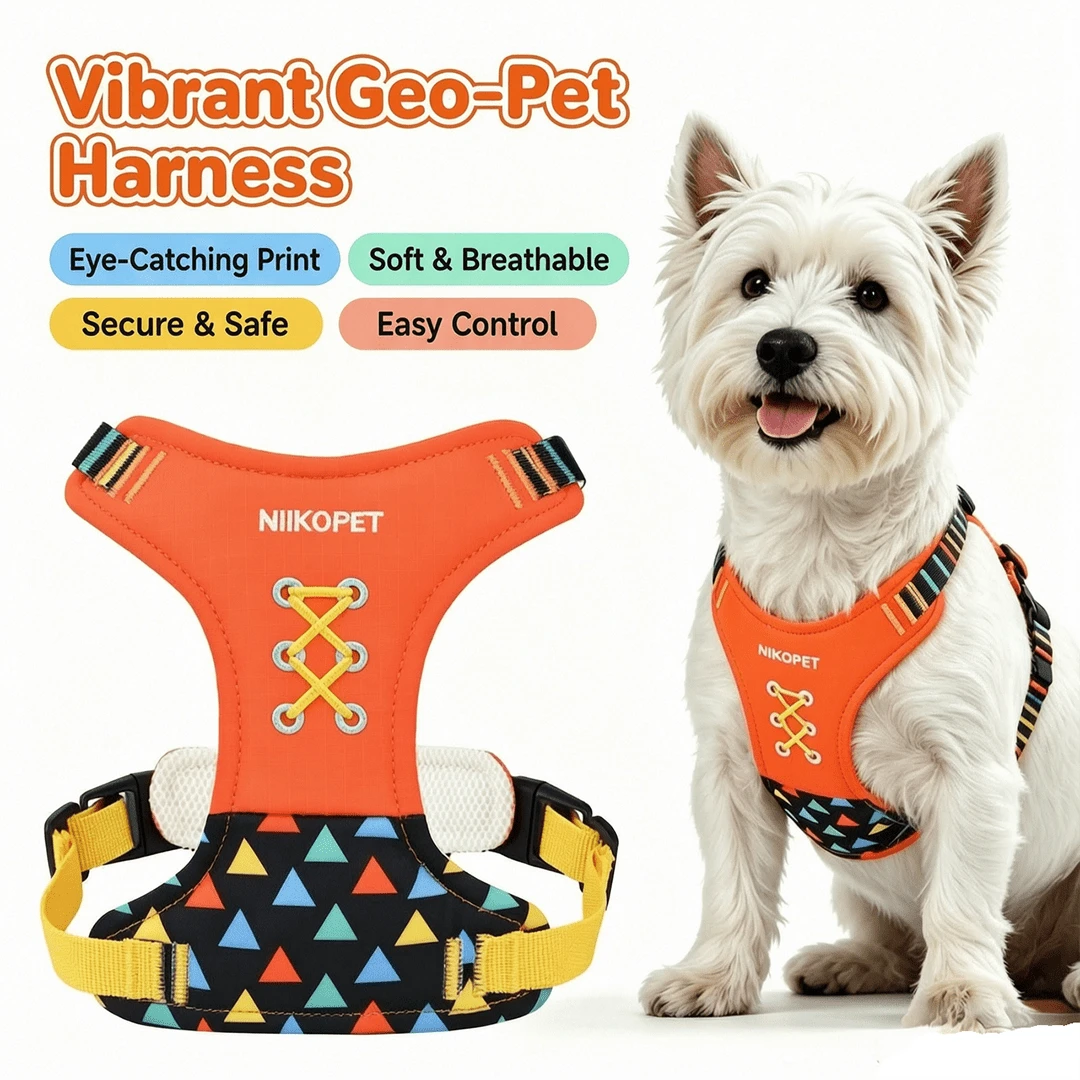 Pettorina arancione ricamata | Design a quadri colorato | Accessorio di moda per passeggiata per cani di taglia piccola/media (1,5-20 kg) - Multicolore - Visualizzare 1